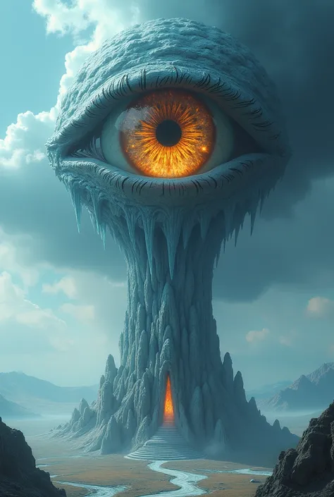 A great eye, the pupil in the shape of a person that wears a crown, lidless, consumed by ice flames at the very tip top of a tower, overlooking great lands. 