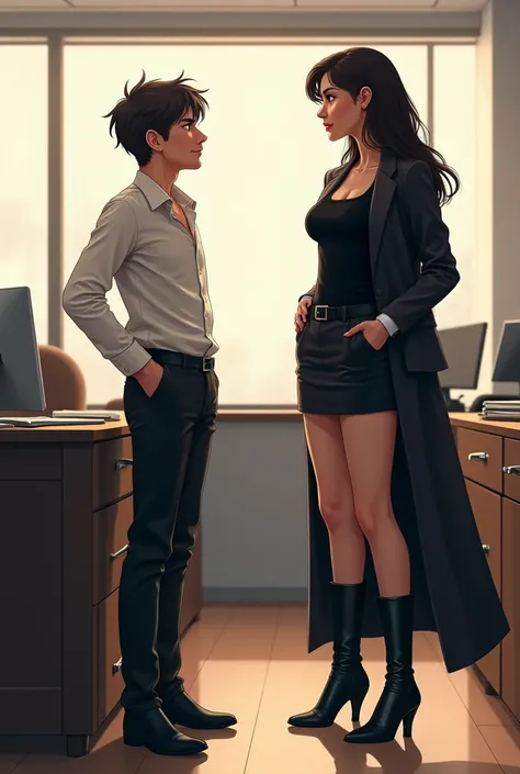 a tall woman wearing a black t-shirt and a black short skirt and long boots and a fancy long coat army is sitting meeting in the office with a short man in a formal shirt buttoned open.