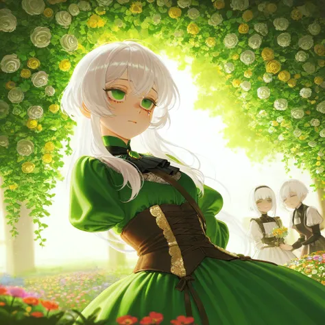 female, Heorabinancho , White hair, Green eye,  medieval aristocrat love, dress,  lifeless eyes , teardrop, flower garden, Slump down