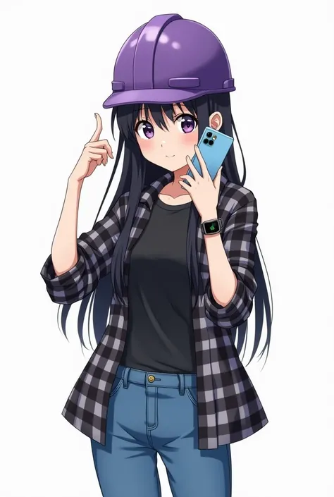 
A young 19 years old  anime   girl  with purple hard hat helmet and  she is trying to hide her eyes with her helmet. long black hair. Wearing black t shirt and a black and white check shirt over it.  A smart watch in her hand and sky blue smart phone . An...