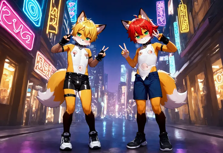 furry, 2boys, young male, body fur, fox ears, symmetrical pose, peace sign, sweat, sci-fi, white sleeveless body suits, short pants, bulge, open fly, fingerless glove, fishnet arm covers, shoes, collar, navel cutout, nipple cutout, nipple jewelry accessory...