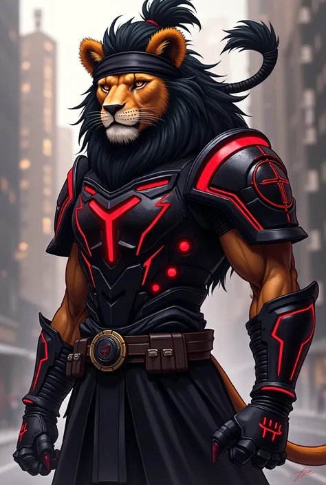 furry lion,  lion wearing a futuristic black samurai costume with red lights, black hair tied up with a headband , Ojos rojos, muscular, Cyborg body, Anime style, general militar samurai, Scorpion robotic tail 