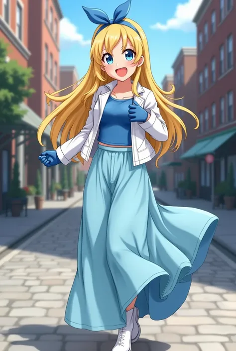 Animation style 
Woman
Human
25 years old 
Yellow hair
Blonde hair
Long hair 
Red lips
Blue eyes
Blue top
White denim jacket 
White jacket
Light blue long skirt 
Long skirt 
Mermaid long skirt 
Covered legs with long skirt 
Cobered feets with long skirt 
W...