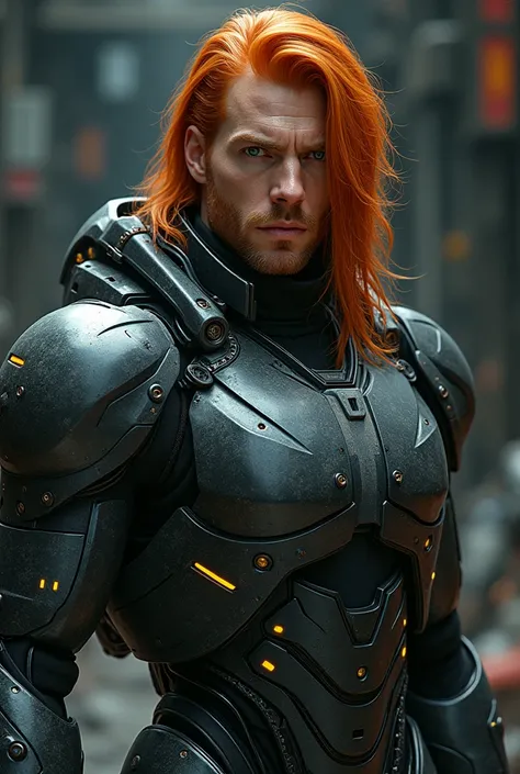  A man with long red hair, wearing a robotic suit 