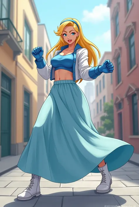 Animation style 
Fighting pose 
Fight pose
Woman
Human
25 years old 
Yellow hair
Blonde hair
Long hair 
Red lips
Blue eyes
Blue top
White denim jacket 
White jacket
Light blue long skirt 
Long skirt 
Mermaid long skirt 
Covered legs with long skirt 
Cobere...