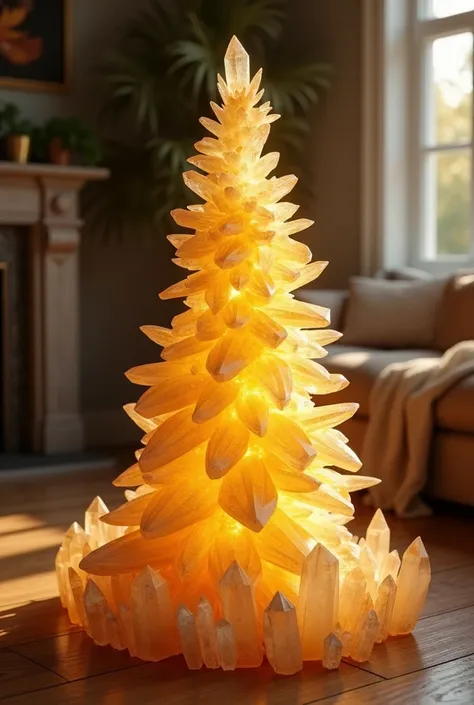 Large citrine quartz in the shape of a Christmas tree on the right side , with lots of quartz around at home with wooden floor 