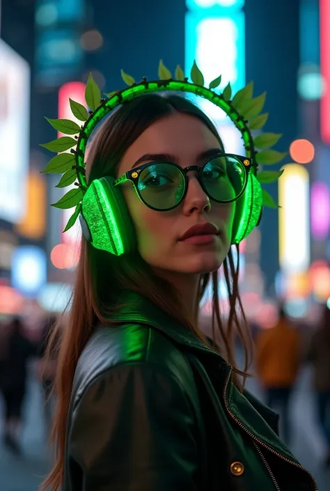 real-leaf headphones, handcrafted from authentic green leaves with soft bioluminescent light, tree-branch headband with realistic bark texture, glowing earcups shaped like delicate leaves, worn by a stylish woman in a busy city square, neon lights reflecti...