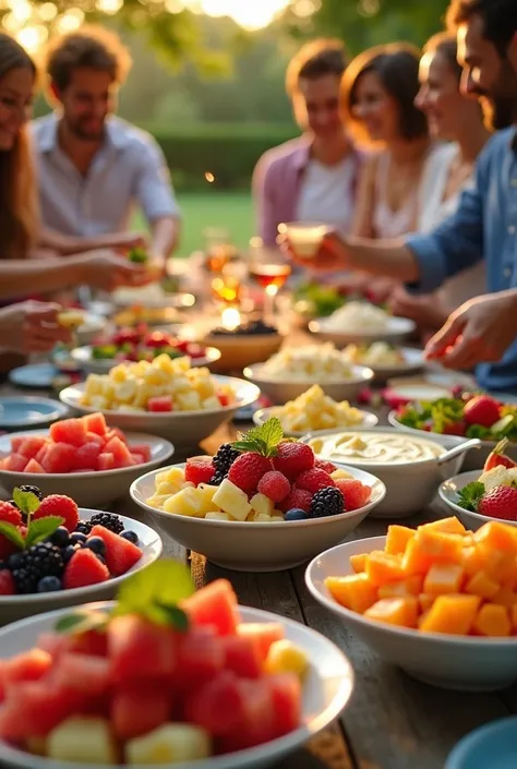  A supper with lots of fruit , fruit salads ,  mayonnaise and potato salad