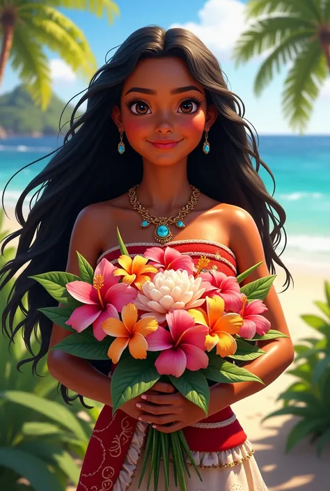 Moana holding flower boquet