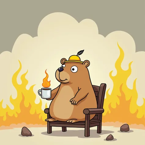 "A simple and colorful cartoon in a minimalist style similar to the one shown. In the image, a Capybara is shown sitting on a small wooden chair. The pug has a calm but somewhat expressionless expression, with round, large eyes looking straight ahead. He w...