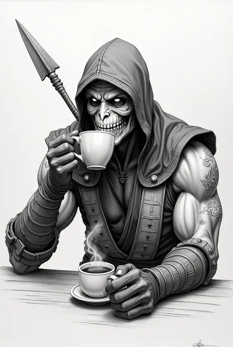 Pencil drawing of the character Scorpion from Mortal Kombat drinking coffee 