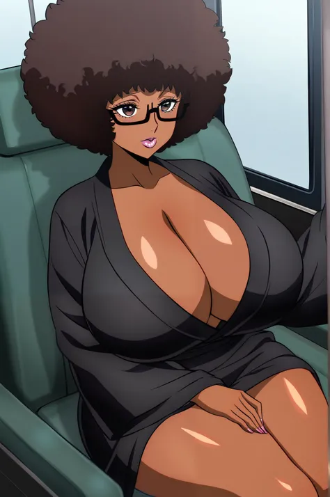 HunterXHunter screencap anime style an dark brown skin tone woman with blak puffy small afro hair wide hips big heavy chest milf mature woman wearing  black bath robe brown eyes long face black glasses plum lips pink lips sitting in seat_score_9_up, score_...