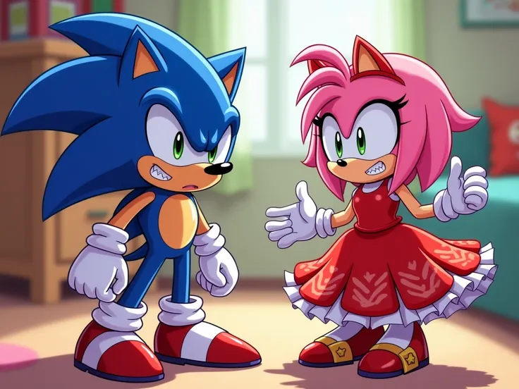 Sonic puts on Amys dress and all her clothes and Amy gets angry