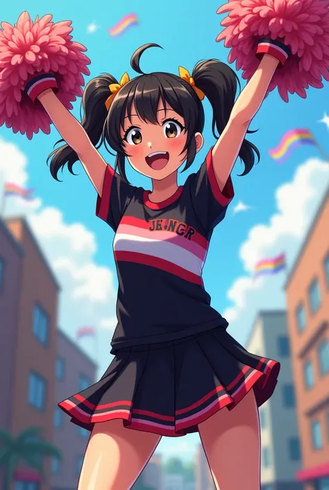 Adult boy with medium curly black hair wearing pigtails, wearing cheerleading clothing , black and red skirt and t-shirt with pompoms at a school using the ANIME-style TRANS flags