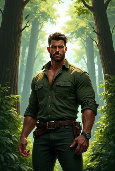 A handsome and slightly strong man against a backdrop of tall trees