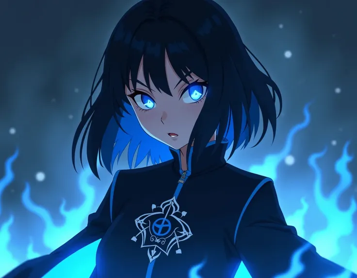 girl , Semi-shoulder-length black hair  .  He wears clothes in shades of black and blue with top , indicating its affinity with the element blue fire.  top. Su Sharingan is active and has a passionate expression