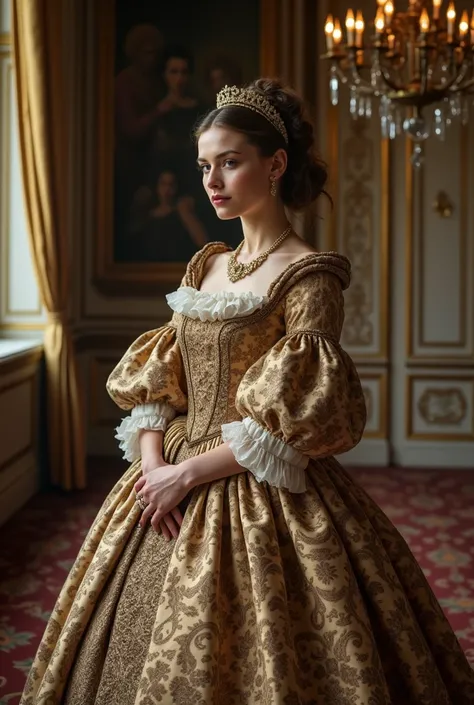  Portrait of an English woman in old English dress in a palace and room corresponding to a 
 An old palace with a special architecture 