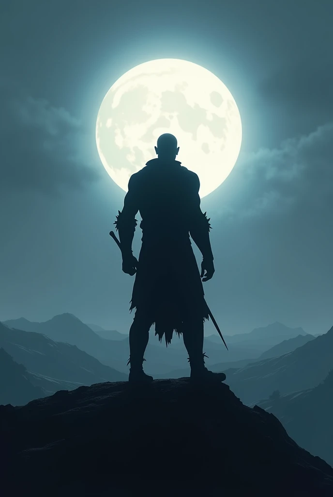 Silhouette walking with his back to the horizon, shadow warrior looking at the horizon watching the bright moonlight with his back to the audience