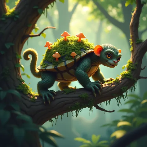 A playful, tree-dwelling hybrid with a tortoise’s armored shell and a monkey’s nimble arms and tail. Its shell is adorned with moss and glowing mushrooms, blending perfectly with the jungle canopy as it swings effortlessly from vines.