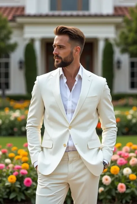 Generate a high-resolution image of a handsome man wearing a white suit. He should be positioned in the front yard of a luxurious house, with a vibrant landscape filled with colorful flower beds surrounding him. The man should appear to be gazing slightly ...