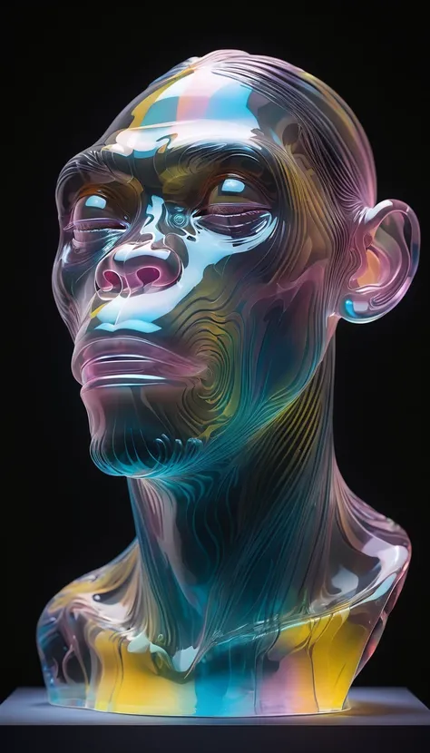 A colorful transparent 3D portrait sculpture made of glass is placed on the central standportrait of a chimp with a big suprise face,Matte texture，Facial Luminescence Line，simple, Soft and elegant colors，Dark background，Luminescence