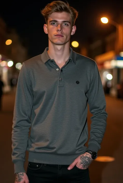 attractive young man, Tall and athletic,  light hair , gray polo sweater  ,   Black Skinny Pants ,  dark grey eyes . bushy eyebrows.  On some street in New Jersey. Night. Slim fit. He has tattoos on his hands  . . He looks tall and athletic  .  On some str...