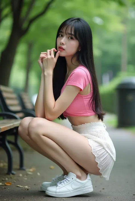 A full body low angle shot photograph of a young, beautiful Asian woman with long, straight black hair with bang. She wears pink crop top, mini white lace panties, and short white pleated skirt, white sneakers. She is squattiing on the ground, revealing he...