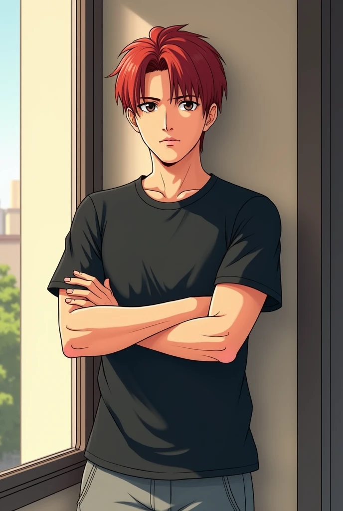  panel creates the image of a man , straight red hair ,  black eyes, serious face,  Thick lips, vanilla skin.  Wearing a short sleeve black t-shirt and gray sports pants.  He is standing next to a window , arms crossed. It&#39;s daytime,  warm colors . His...