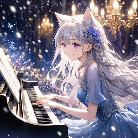   long hair, とても  long hair,  Silver Hair、 fairy tale、 snowstorm background   、cat ears、 princess、  purple eyes、Braided hair decorated with flowers、delicate face、  blue dress、 elegant 、 playing piano、Cat ears,  very detailed,  Glitter Effects ,  movie ligh...