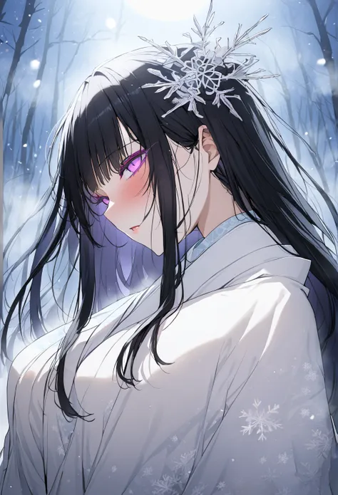 (masterpiece, best quality, extremely detailed:1.3) BREAK dynamic pose, upper body, close-up, 1girl, Yuki-onna, very long hair, black hair, straight hair, sidelocks, hair ornament, light purple eyes, colored eyelashes, pure white skin, blush, large breasts...