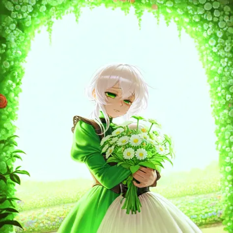  women alone, Heorabinancho , White hair, Green eye,  medieval aristocrat love, dress,  lifeless eyes , teardrop, flower garden, Heartbreak, sorrow, Sobbing