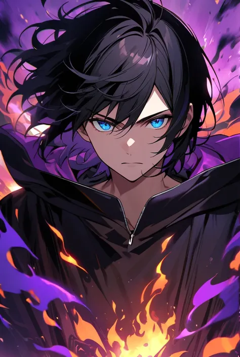 Man with medium length black hair, blue eyes wearing a black hoodie surrounded by flames in a purple sky