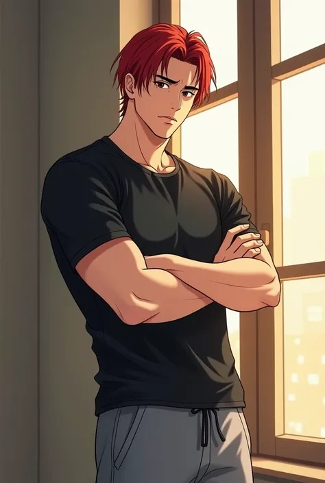 Create a beautiful illustration of a man, straight red hair ,  black eyes, serious face,  Thick lips, vanilla skin.  Wearing a short sleeve black t-shirt and gray sports pants.  He is standing next to a window , arms crossed. It&#39;s daytime,  warm colors...