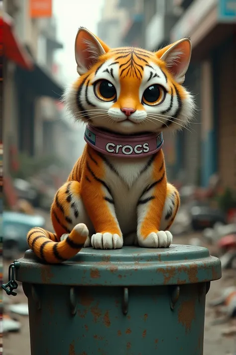 Tiger cream cat with a crocs collar sitting on a trash can 