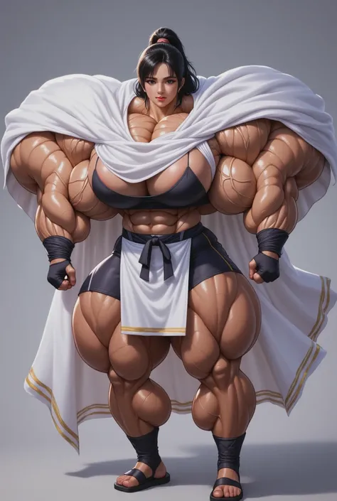 A beautiful buff Asian female martial artist wearing a white Greco-Roman toga that covers hwr chest with a cyberpunk vaporwave aesthetic. She wears a toga like outfit. She has massive muscles. She wears a battle skirt and wears a white cape. High quality, ...