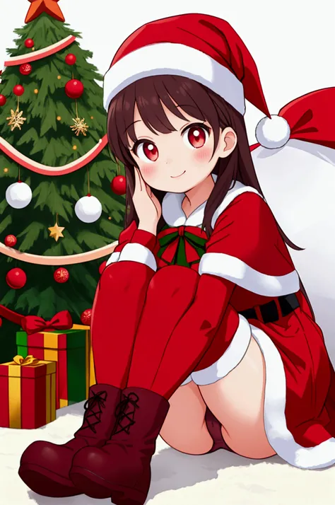  girl、smile、Children、 Santa Claus 、Santa hat、Red gloves、 Santa Dress , boots、 christmas tree ,panties