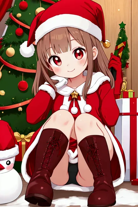  girl、smile、Children、 Santa Claus 、Santa hat、Red gloves、 Santa Dress , boots、 christmas tree ,panties