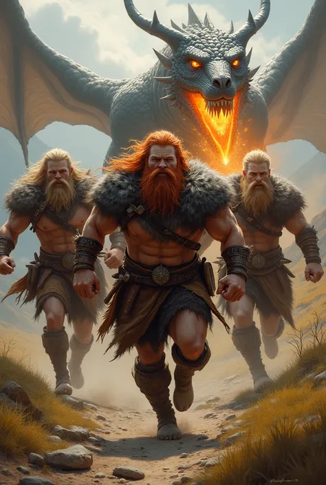 A band of male vikings, a hunting party, tall, muscular, sone with blonde hair, some with red hair, big hairy chests, biceps, hairy pecs, beards, manly, wearing animal hides and furs, running downhill to escape a fiery dragon