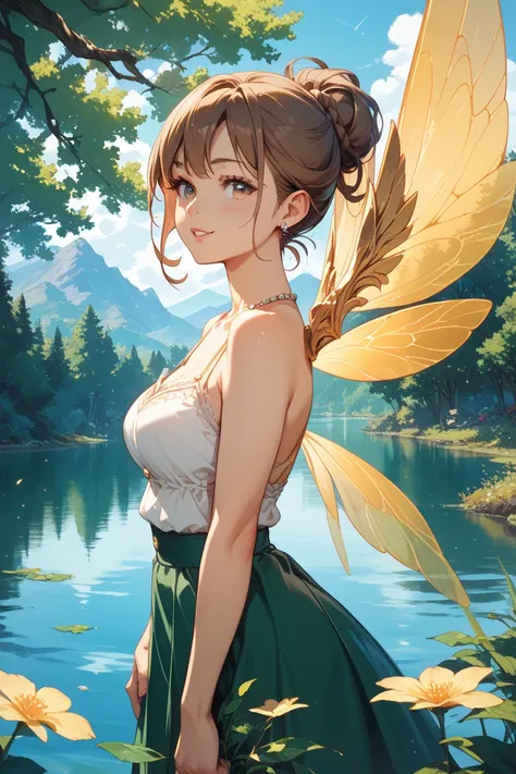 (Manga style) a fairy named Edrähys. Shes a beauty with brown hair. She has golden wings. Shes near a tree planted in the middle of a lake.