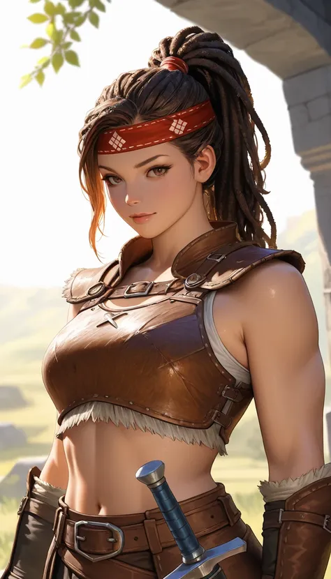 Masterpiece, highest quality, high resolution, eye details, face details,4K, 8k,(realistic, photorealistic: 1.5),Brown haired woman wearing Monster Hunter armor and headband,Chest guard,belt,Waist support,sword,high ponytail,dreadlocks,wavy hair, muscles:1...