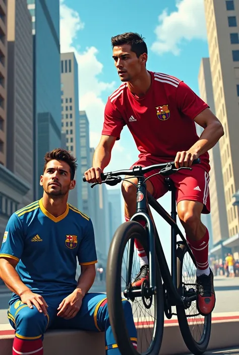 Cristiano ronaldo driving a bike and Messi sitting 
