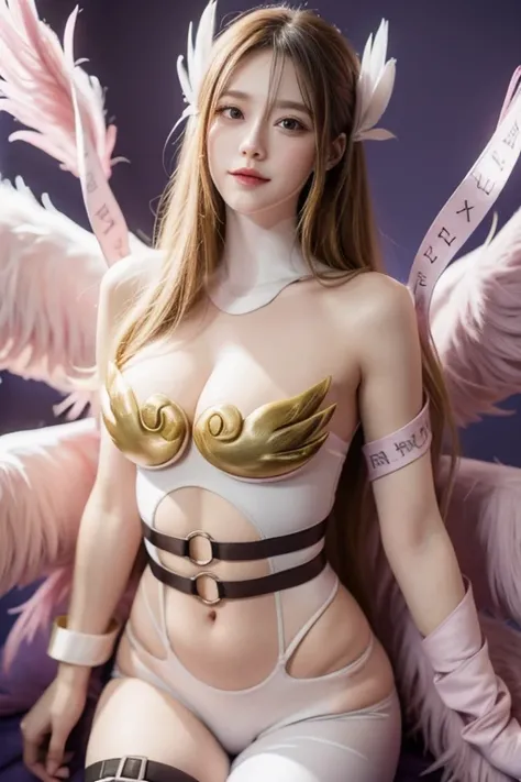 angewomon, blonde hair, long hair, angel wings, bare shoulders, elbow gloves, feathered wings, gloves, navel, pink ribbon, ribbon, single elbow glove, single glove, thigh strap, wings, sexy, sexy body, laugh,masterpiece, best quality, in detail,cute (big b...