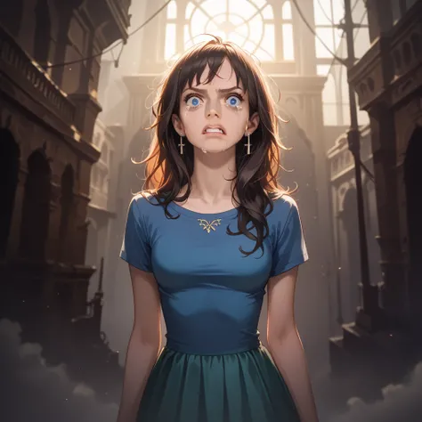 A scared and shy girl with beautiful blue eyes, skinny figure, crying as an angry old man grabs her under the skirt and spanks her butt, highly detailed, intricate, ultra-realistic, photorealistic, 8k, cinematic lighting, dramatic composition, moody colors...