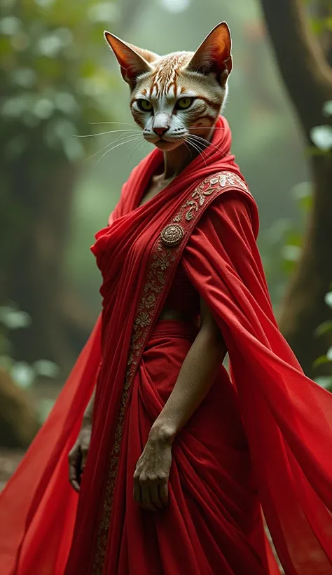 a cat with body of lady and head of cat with red sari 