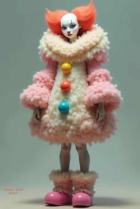 Clown woman in a fluffy outfit in opaque colors but with bright touches wearing a sad face mask