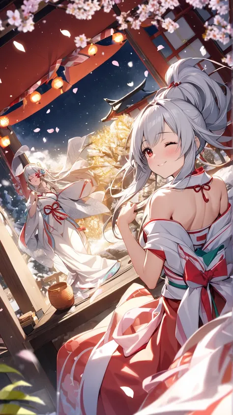 ( top quality, ),  beautiful women (Red eyes), elements. well-groomed face 、 Shy Expression 、 Silver Hair、 red eyes、smile(one eye closed、Looking up)、                   Ultra Fine             ,  A Girl in a Glittering Shrine Maiden、 Surrounded by beautiful ...