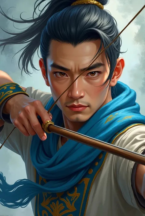 asian Chinese man , archer in a blue scarf with patterns, the face is visible, , 2d,  fantasy,  looks straight , nice face but not ish, the torso, face and arms should fall into the frame, age s