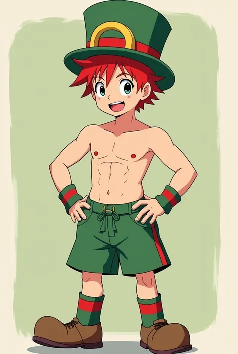 A 19-year-old boy in the anime version has red hair and spiky and wears clothes like green shorts and socks that go up in his leg shell colored with stripes of half a red and green color, but its not the red sock per teapot and with the stocking with red a...