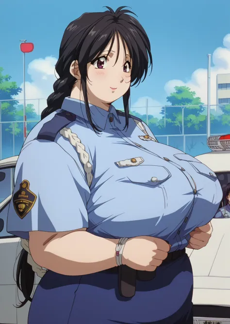 Miyuki Kobayakawa, Miyuki Kobayakawa, Police Officer,  Blue Police Uniform , Short sleeve, shirt,
Black Hair,side lock, low ponytail,  braids,  braided , long hair,purple eyes ssbbw , chubby,milf, score_9,   score_8_ up,   score_7_ up,   score_6_ up,   sco...