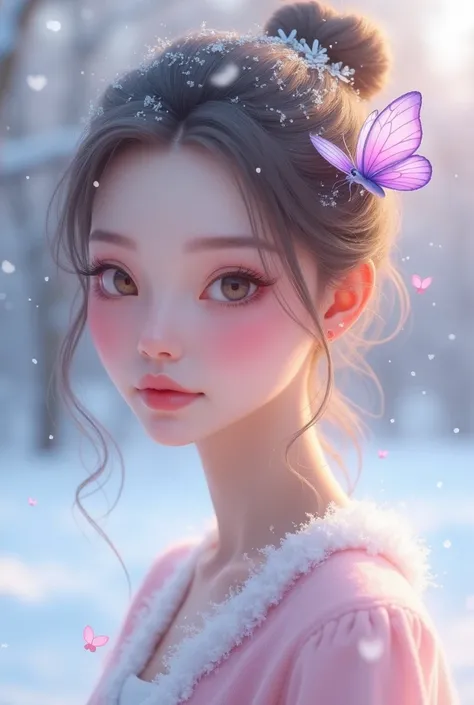 Create a beautiful, cute, snowy woman logo image. On the girls index finger there is a purple, pink butterfly hanging on. The tone is pastel. 